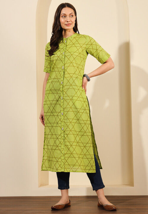 Digital Printed Cotton Straight Kurta in Light Green