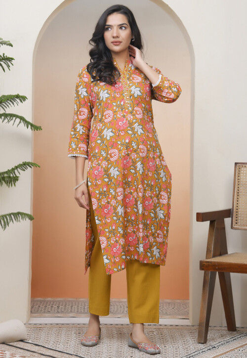 Digital Printed Cotton Straight Kurta in Mustard