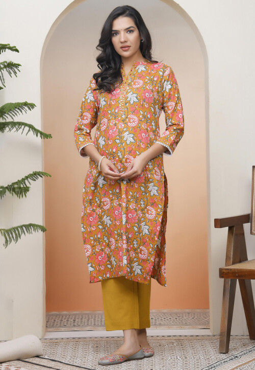 Digital Printed Cotton Straight Kurta in Mustard