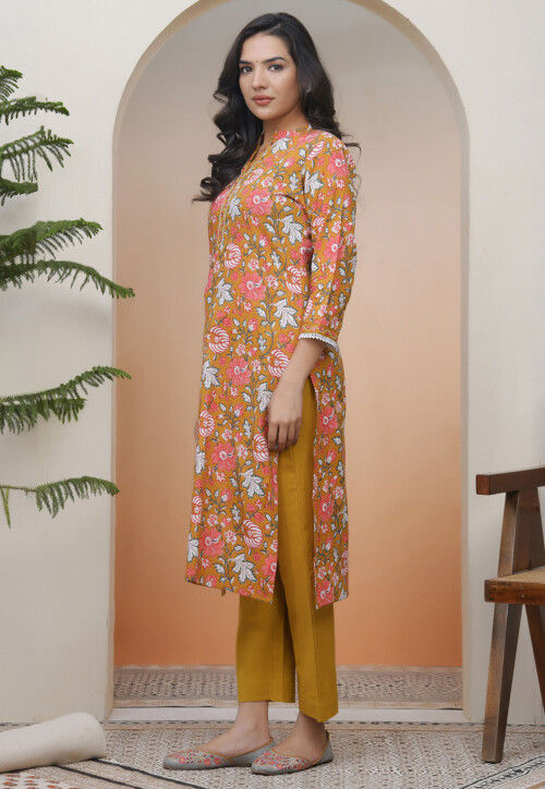 Digital Printed Cotton Straight Kurta in Mustard