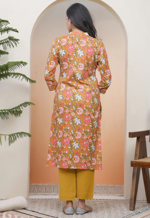 Digital Printed Cotton Straight Kurta in Mustard