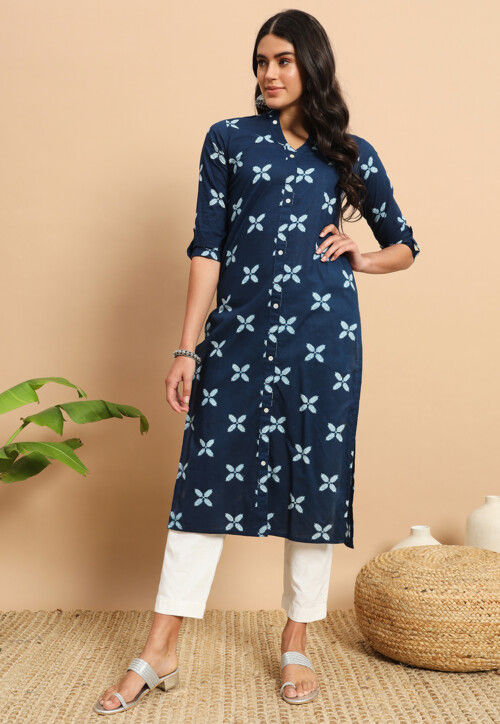 Digital Printed Cotton Straight Kurta in Navy Blue