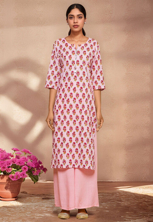 Digital Printed Cotton Straight Kurta in Pink