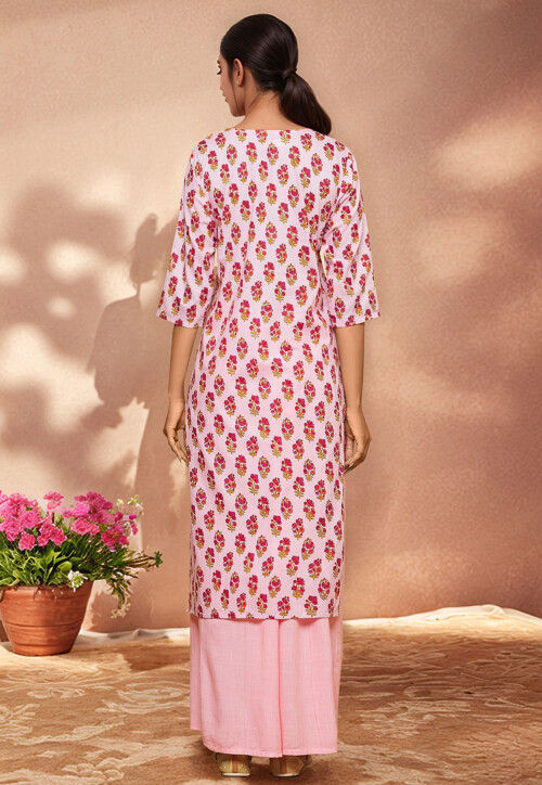 Digital Printed Cotton Straight Kurta in Pink