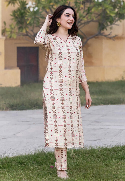 Digital Printed Cotton Straight Kurta Set in Beige