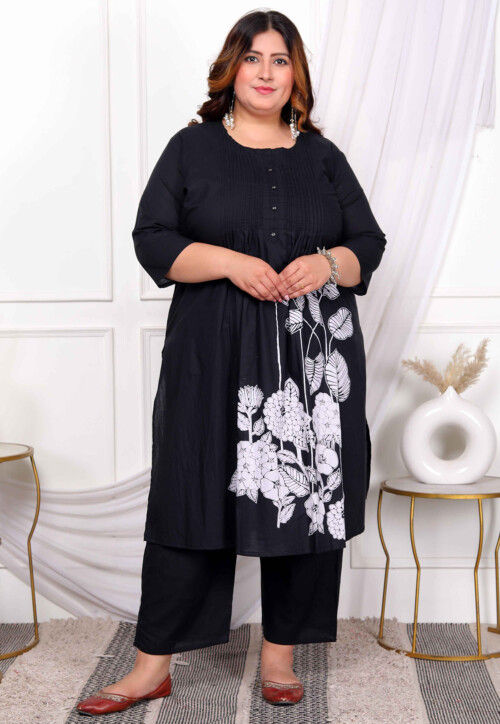 Digital Printed Cotton Straight Kurta Set in Black