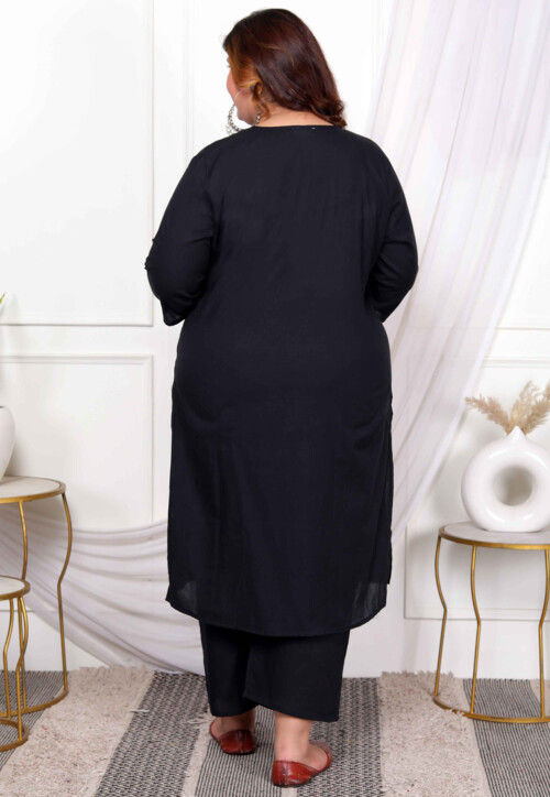 Digital Printed Cotton Straight Kurta Set in Black