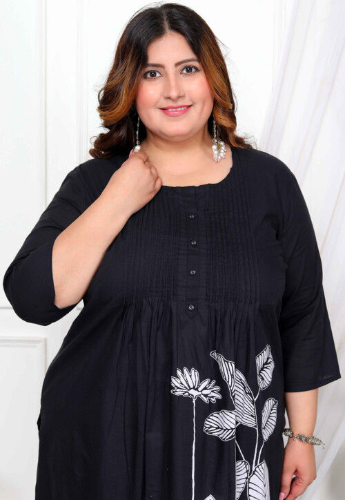 Digital Printed Cotton Straight Kurta Set in Black