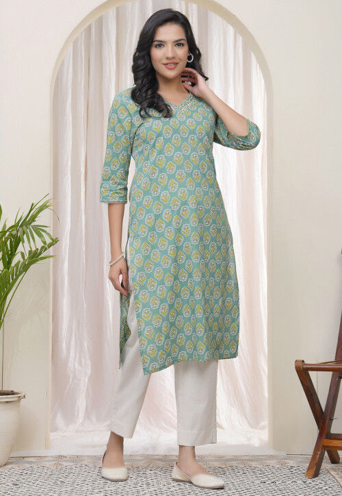 Digital Printed Cotton Straight Kurta Set in Dusty Green