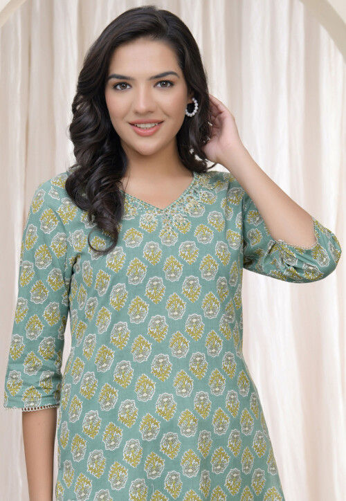 Digital Printed Cotton Straight Kurta Set in Dusty Green