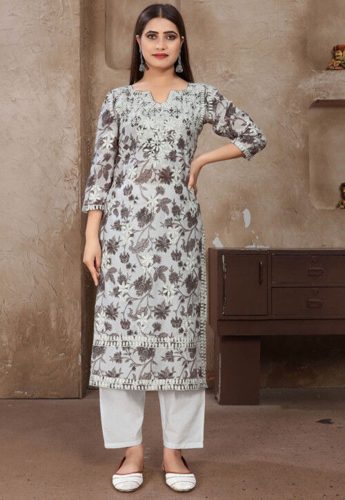Digital Printed Cotton Straight Kurta Set in Grey