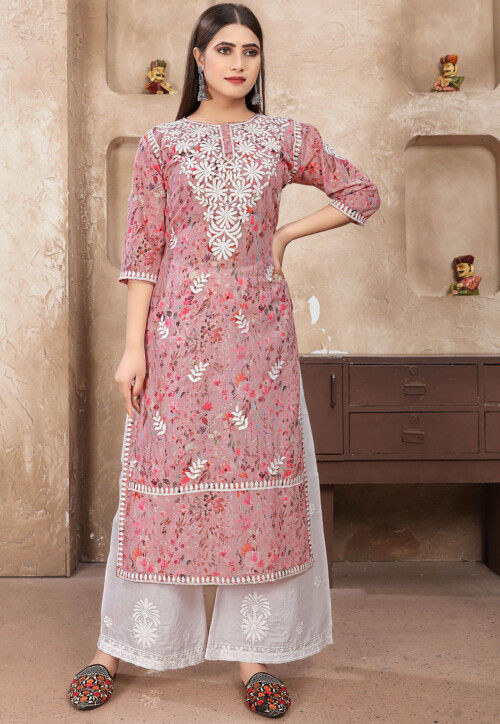 Digital Printed Cotton Straight Kurta Set in Old Rose