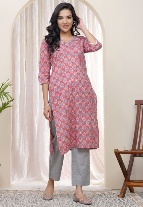 Digital Printed Cotton Straight Kurta Set in Pink