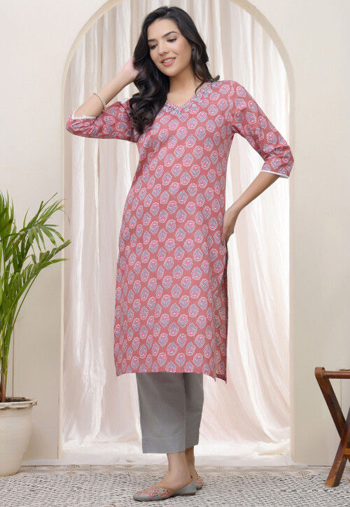 Digital Printed Cotton Straight Kurta Set in Pink