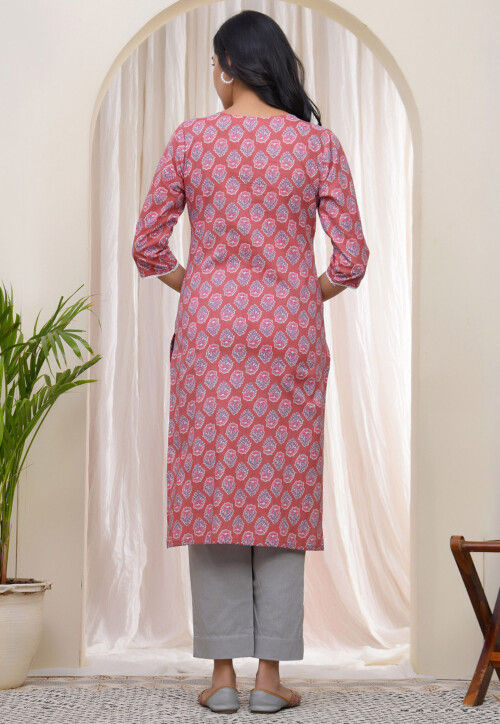 Digital Printed Cotton Straight Kurta Set in Pink