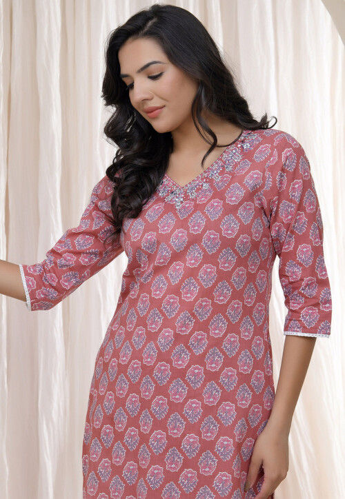 Digital Printed Cotton Straight Kurta Set in Pink