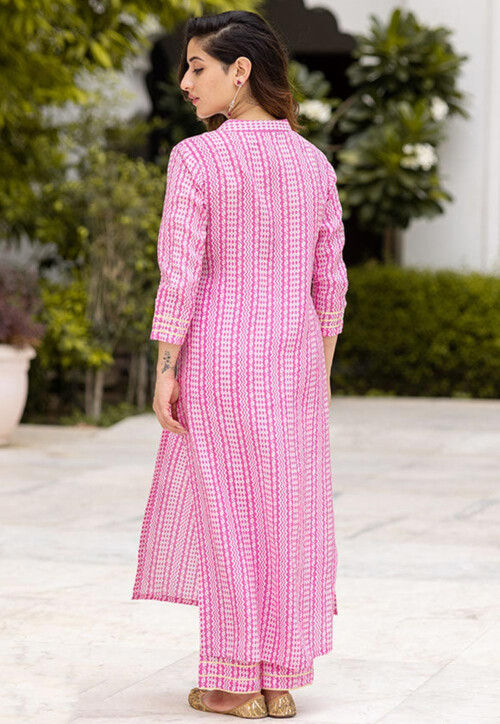 Pink Printed Cotton Straight Kurta Set