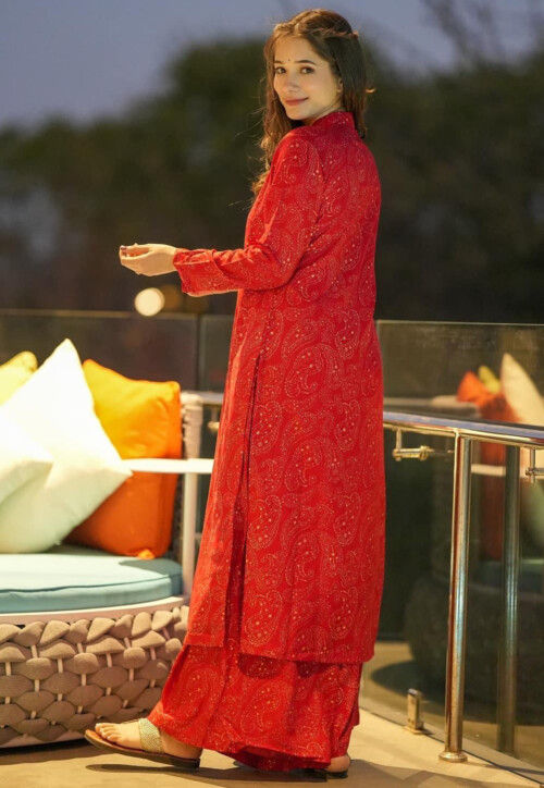 Digital Printed Cotton Straight Kurta Set in Red