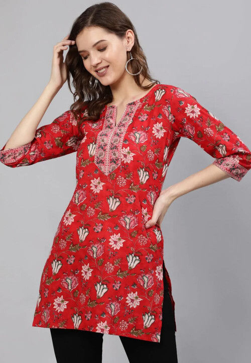 Pure Cotton Kurti with Red Floral and Abstract Block Print - Belles Couture  LLP