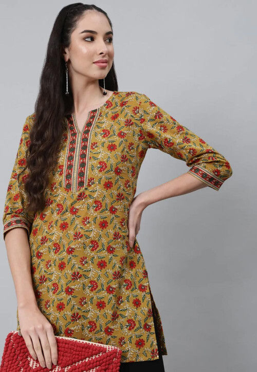 Yellow Printed Straight Women Kurti Pant With Dupatta Indian Salwar Kameez  Dress | eBay