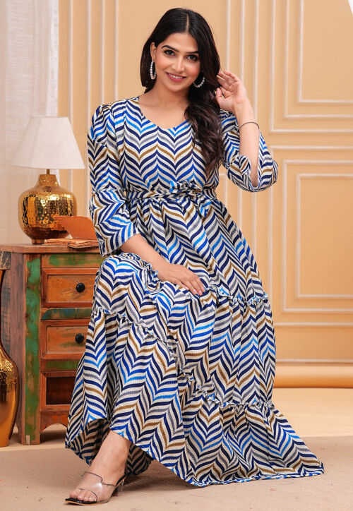 Digital Printed Cotton Tiered Dress in Multicolor