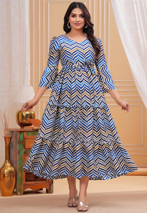 Digital Printed Cotton Tiered Dress in Multicolor