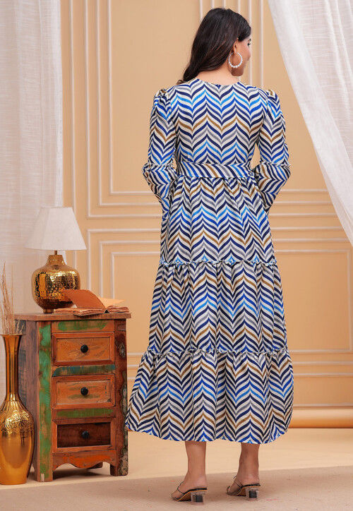 Digital Printed Cotton Tiered Dress in Multicolor