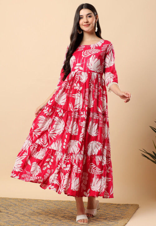 Digital Printed Cotton Tiered Maxi Dress in Fuchsia