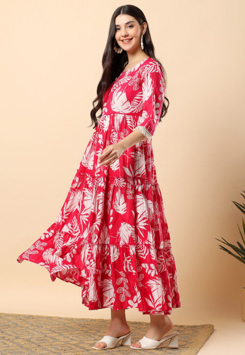 Digital Printed Cotton Tiered Maxi Dress in Fuchsia