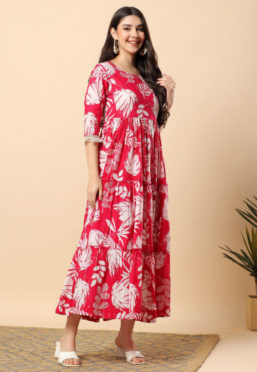 Digital Printed Cotton Tiered Maxi Dress in Fuchsia