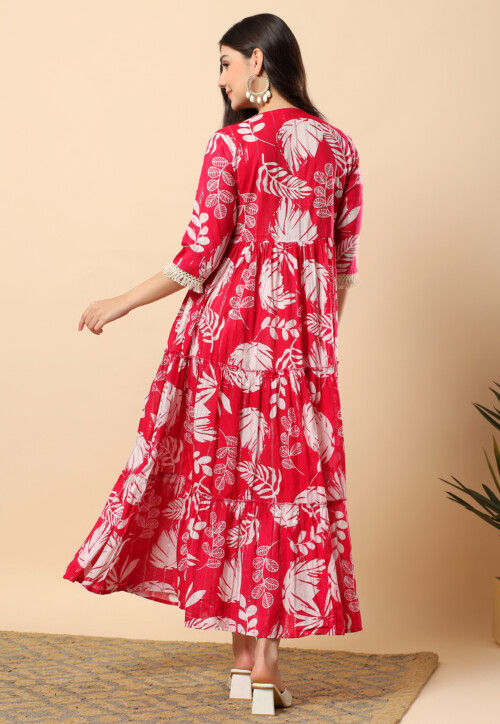 Digital Printed Cotton Tiered Maxi Dress in Fuchsia