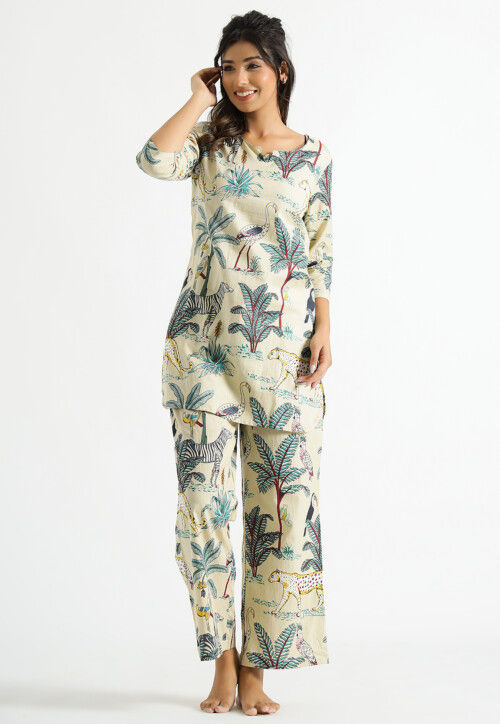 Digital Printed Cotton Co Ord Set in Light Beige