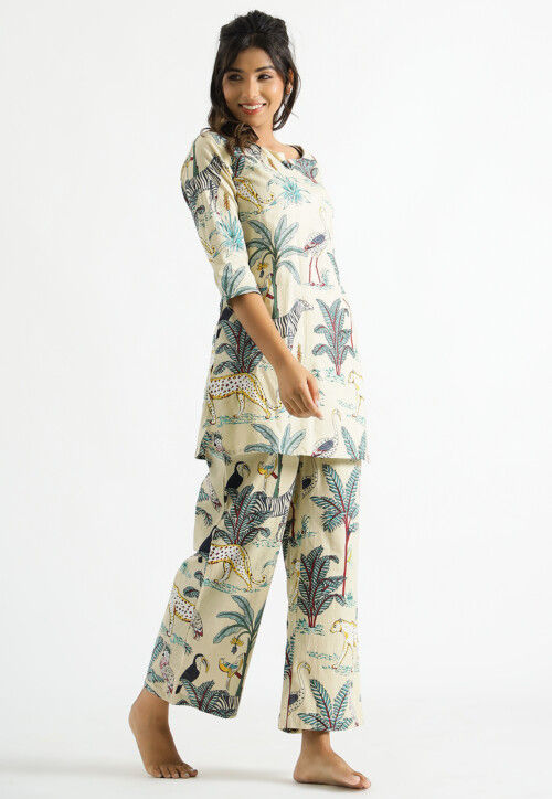 Digital Printed Cotton Co Ord Set in Light Beige