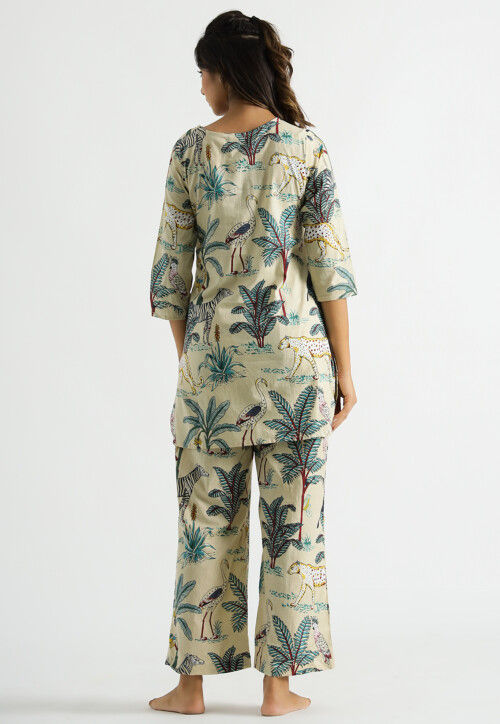 Digital Printed Cotton Co Ord Set in Light Beige