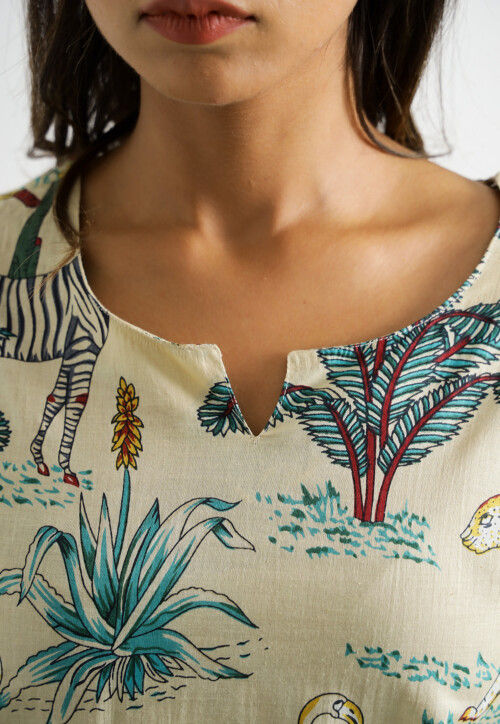 Digital Printed Cotton Co Ord Set in Light Beige