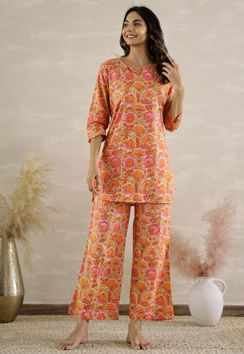 Digital Printed Cotton Co Ord Set in Light Orange