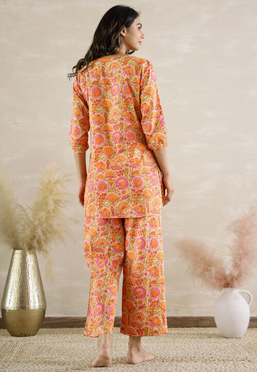 Digital Printed Cotton Co Ord Set in Light Orange
