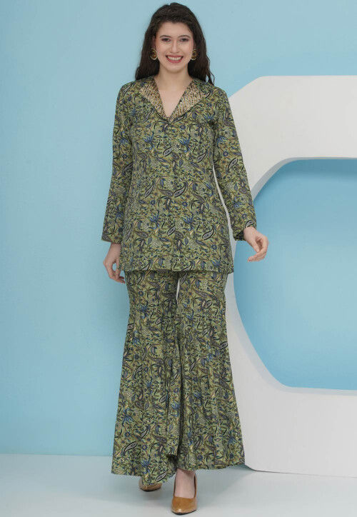 Digital Printed Crepe Co Ord Set in Green