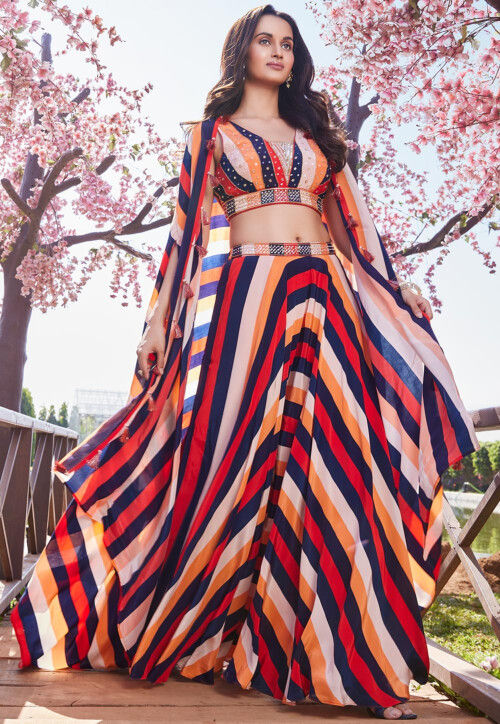 Peach Color Crepe Printed Crop-Top with Skirt