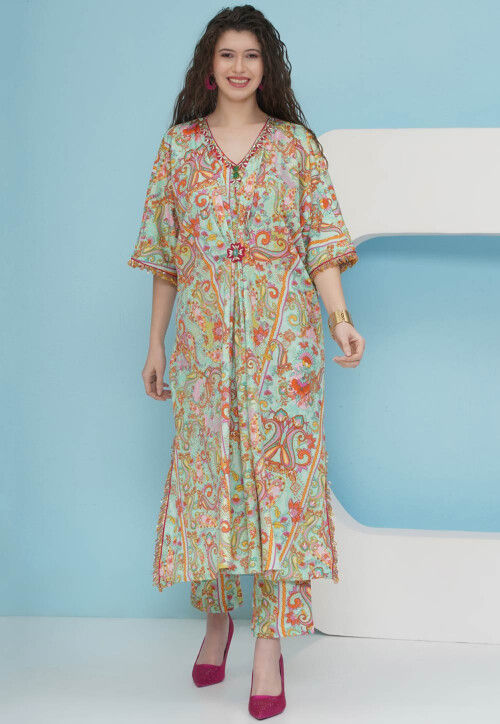Digital Printed Crepe Kaftan Style Kurta Set in Sea Green
