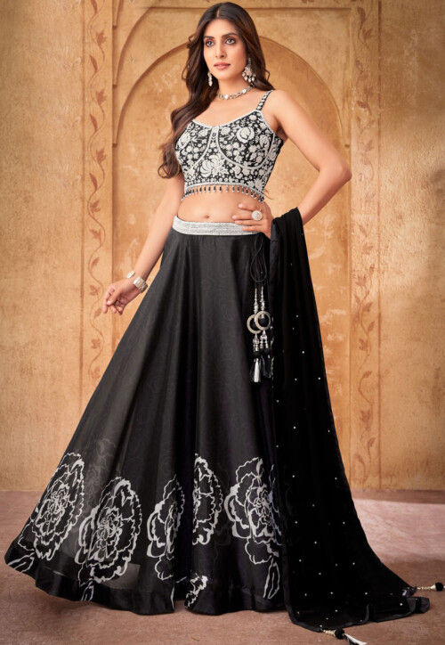 Digital Printed Crepe Lehenga in Black