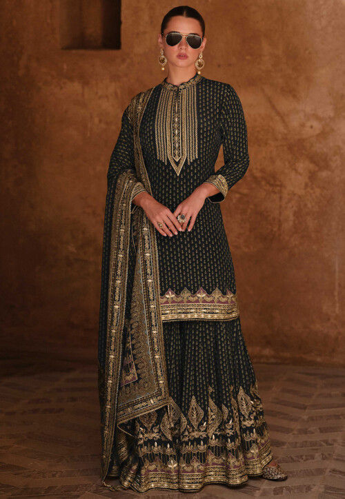 Digital Printed Crepe Pakistani Suit in Black