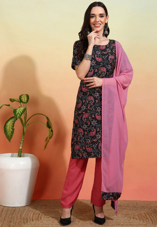 Digital Printed Crepe Pakistani Suit in Black