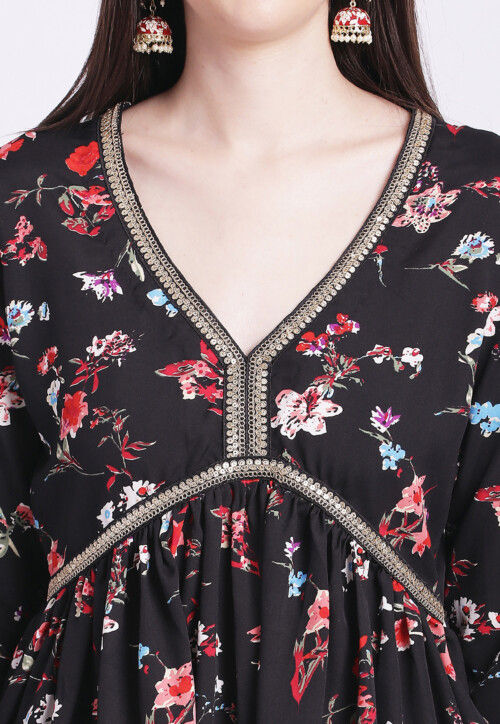 Digital Printed Crepe Pakistani Suit in Black