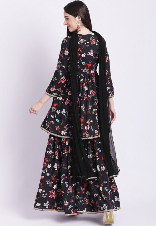 Digital Printed Crepe Pakistani Suit in Black