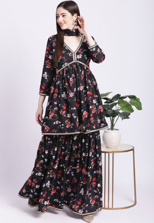 Digital Printed Crepe Pakistani Suit in Black