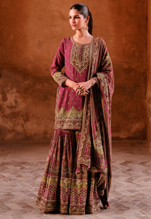 Digital Printed Crepe Pakistani Suit in Dark Pink