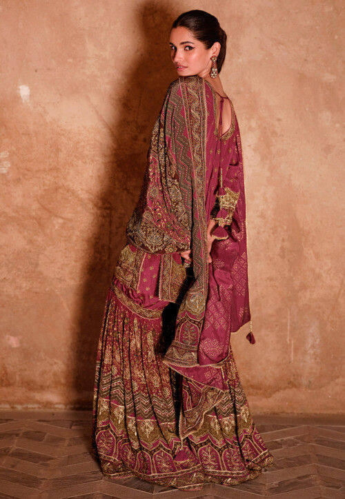 Digital Printed Crepe Pakistani Suit in Dark Pink