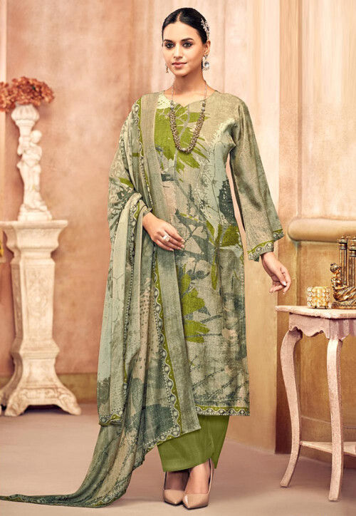 Digital Printed Crepe Pakistani Suit in Dusty Green