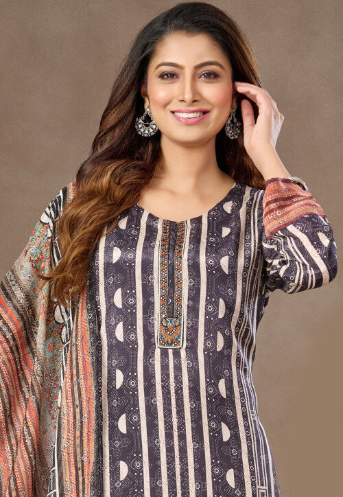 Digital Printed Crepe Pakistani Suit in Grey